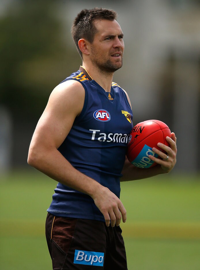 AFL 2015 Training - Hawthorn 290915 MELBOURNE, AUSTRALIA - SEPTEMBER 29: Luke Hodge of the Hawks in action during the Hawthorn Hawks training session at the Ricoh Centre, Melbourne on September 29, 2015. (Photo: Michael Willson/AFL Media)